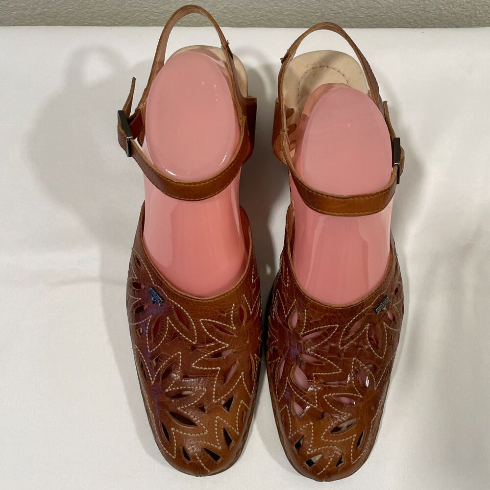 PIKOLINOS Die Cut/Embroidered Leather Ankle Strap Open Back Shoes Brown 11-12/42